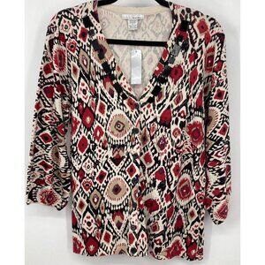 WD NY Cardigan Knit Women Size Large L Bead Red Tan Brown 3/4 Sleeve New B80